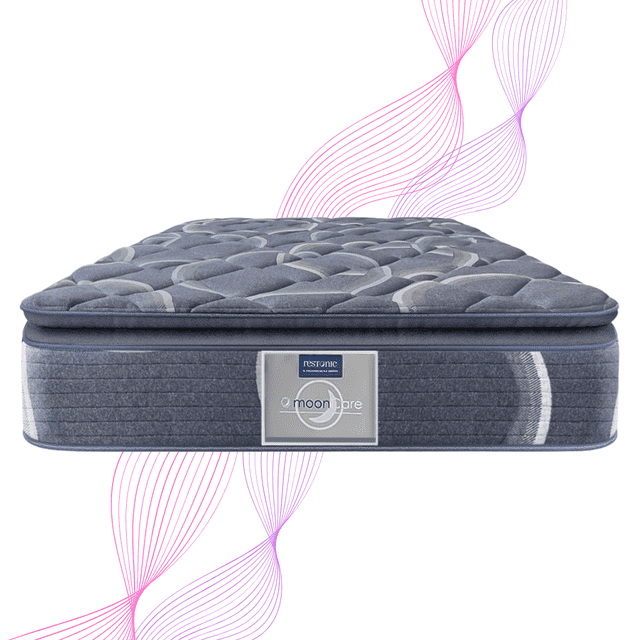 colchon matrimonial restonic ortopédico ultra confort anti-estrés gris; vista frontal centrada de colchón matrimonial Restonic con pillow top y tapizado stretch antibacterial, patrón acolchado visible, borde lateral con costuras horizontales y etiqueta frontal, medidas aproximadas 190 x 135 x 25 cm, nivel semifirme para soporte y alineación de la columna; también suele usarse como opción de cama para habitaciones principales.