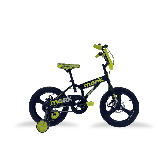 bicicleta infantil monk bitten rodada 16 negro amarillo en vista lateral 3/4, cuadro de acero negro con detalles amarillo neón, llantitas de entrenamiento instaladas, asiento y puños con patrón amarillo y negro, cubre cadena y placa frontal decorativa visibles; adecuada para aprender a pedalear y a menudo usada para practicar equilibrio en paseos por la cuadra.