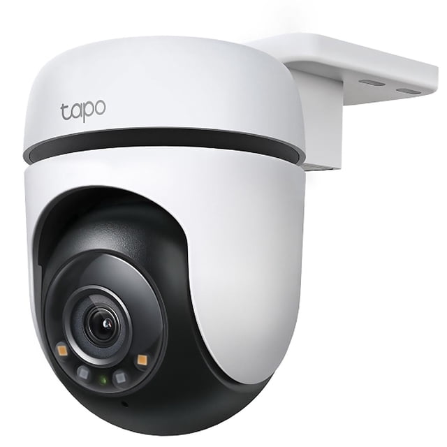 camara de seguridad wifi tp-link tapo c510w 3mp exterior 2k 2.4ghz giro 360 vision nocturna hasta 30 metros Cámara TP-Link Tapo C510W blanca en vista 3/4 frontal con soporte de pared; domo giratorio y lente negra central con anillo de LEDs para visión nocturna a color, micrófono y altavoz integrados, sellado hermético IP65, video 2K (2304x1296), seguimiento inteligente de movimiento y alarma de luz y sonido; a menudo se usa para supervisión de entradas y patios.