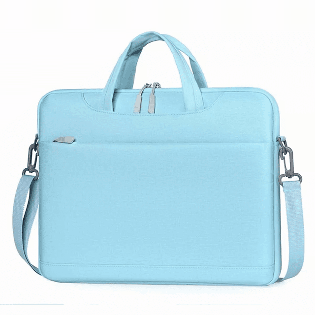 bolsa para laptop 15.6'' pulgada impermeable portatil azul BELUG frontal, vista centrada de maletín azul claro para 15.6" con doble cremallera superior, asas acolchadas y correa de hombro desmontable y ajustable; bolsillo frontal exterior y costuras visibles, tela Oxford resistente al agua y acolchado de espuma de grosor medio con forro mullido que protege contra arañazos e impactos; adecuada para llevar laptop, tabletas y documentos en viajes diarios.