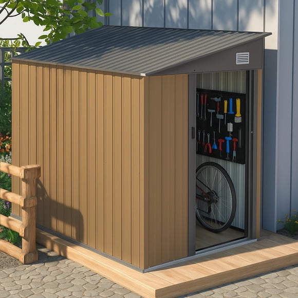 Cobertizo de Almacenamiento Exterior Metálico con Puerta Simple, Ventana de Ventilación Blanca y Cerradura, 153×206×180 cm, para Almacenamiento de Herramientas de Jardín, Patio y Trasero, Caqui