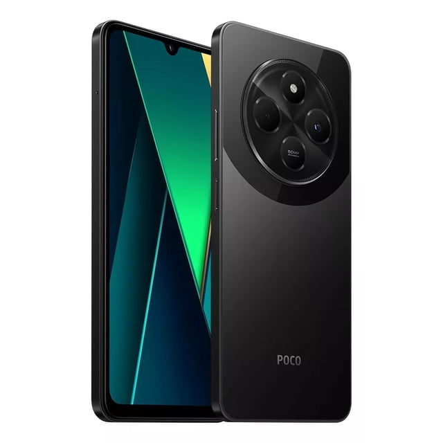 celular xiaomi poco c75 4g dual sim 256 gb black 8 gb ram android 14 - nfc Vista 3/4 frontal y posterior: smartphone negro con pantalla de 6.88" y muesca en gota, bordes delgados, módulo trasero circular con tres lentes visibles y logotipo POCO; botones laterales. Pantalla con baja luz azul y hasta 120 Hz según especificaciones; ideal para ver video y streaming en movimiento.