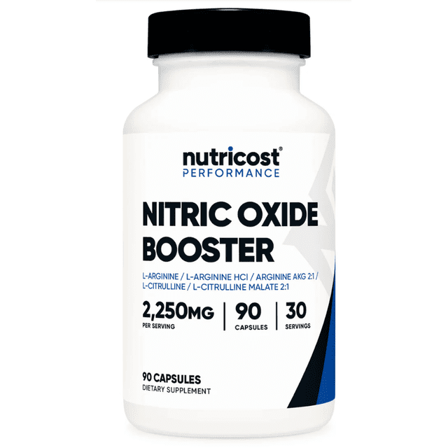 suplemento nutricost óxido nítrico 90 caps 750mg frasco frontal con etiqueta blanca y texto en negro; botella de 90 cápsulas que muestra 2,250 mg por porción, 90 cápsulas y 30 porciones, marca Nutricost Performance, lista de L-arginina y L-citrulina visible y tapa negra.