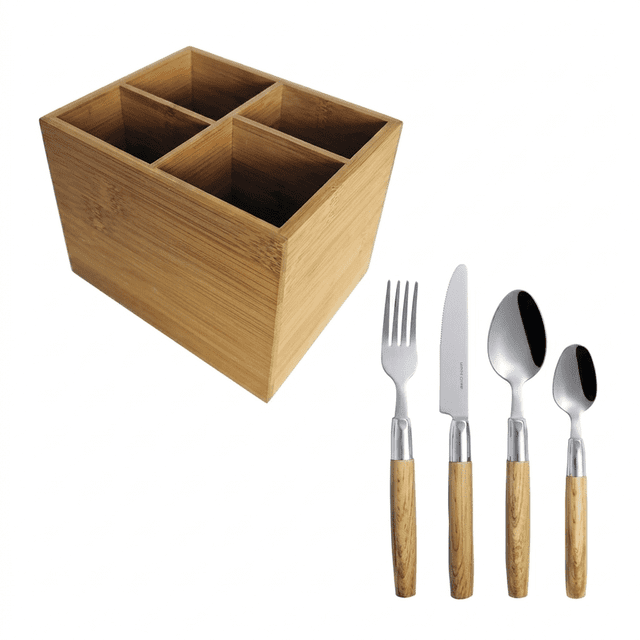 juego de cubiertos de acero inoxidable con rack 17 pzas - madeiracubi - crown baccara Rack organizador de bambú natural con cuatro compartimentos a la izquierda; a la derecha, tenedor, cuchillo, cuchara y cucharita con hojas y filos de acero inoxidable y mangos texturizados color café medio tipo madera con diseño ergonómico visible. Ideal para mantener cubiertos organizados y, por su tamaño compacto, a menudo se usa también para ordenar utensilios pequeños en la barra de servicio.