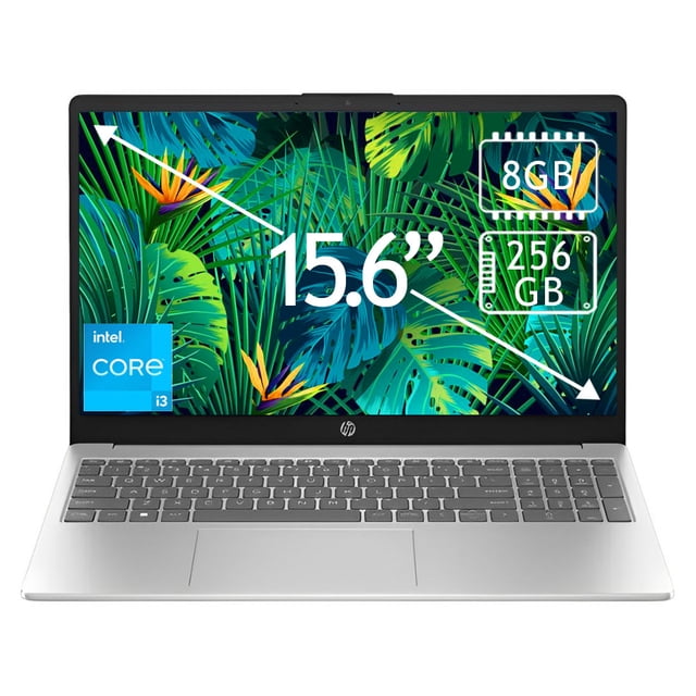 laptop hp 15.6" touch core i3 8gb 256gb plata 15-fd0123dx laptop HP color plata, vista frontal abierta y centrada con pantalla táctil 15.6" 1366x768 mostrando gráficos y etiquetas de 8GB RAM y 256GB; teclado en plata con teclado numérico y touchpad visible. A menudo usada para trabajo móvil y tareas diarias.
