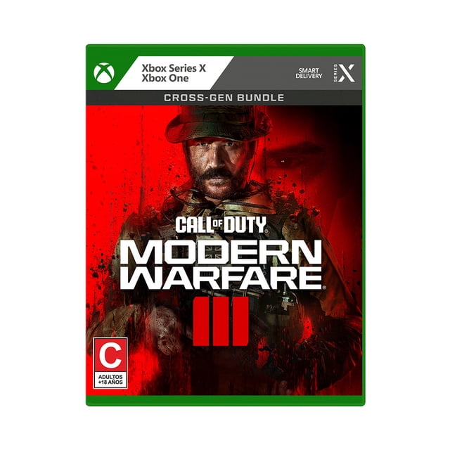 call of duty modern warfare 3 2023 xbox series x Lote multigeneración: estuche frontal de Xbox con fondo rojo, título "Call of Duty Modern Warfare III" en blanco, emblema III en rojo, soldado con equipo táctico en el centro, franja superior verde con logos de Xbox Series X y Xbox One y texto "Cross‑Gen Bundle", calificación C 18+ en esquina inferior.