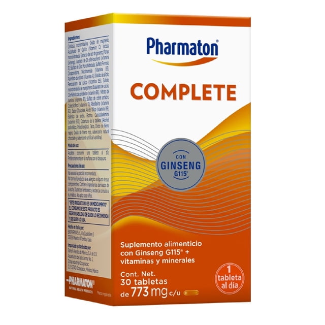 multivitaminico pharmaton complete 30 capsulas caja tres cuartos frontal blanca y naranja con logo Pharmaton y texto COMPLETE; sello azul "con Ginseng G115", leyenda "Suplemento alimenticio", texto que indica 30 tabletas de 773 mg c/u, diseño de ondas naranjas y amarillas y advertencias visibles en el lateral.