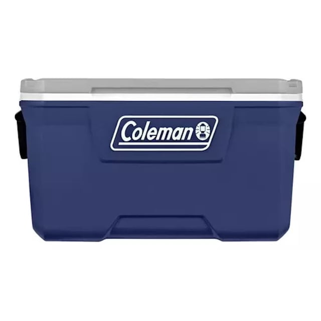 hielera coleman 70 qt 100 latas 2179159 azul vista frontal centrada con cuerpo azul y tapa blanca, logo Coleman al frente, asas laterales negras y tapa Have-A-Seat empotrada; aislamiento TempLock FX y capacidad para 100 latas según especificaciones, medidas 39 x 79 x 43 cm; a menudo usada también para guardar equipo en jornadas de trabajo.