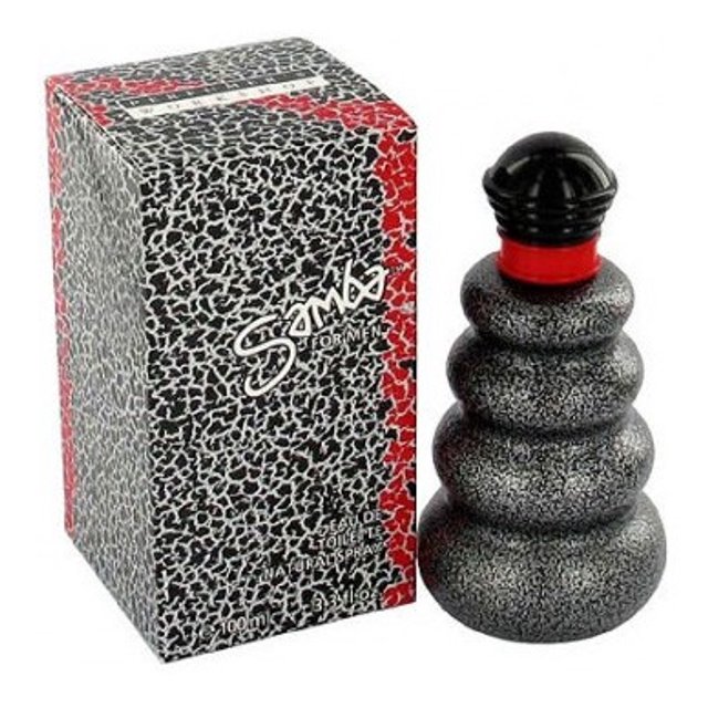 perfume samba para hombre de perfumer's workshop edt 100ml perfumer's workshop — Frasco torre acanalada plateada con acabado moteado, anillo rojo en el cuello y tapa negra; caja a juego con patrón moteado y banda roja. Fragancia aromática con notas de salida de lavanda y bergamota, corazón de fresia y ylang-ylang, y fondo de almizcle y cedro.