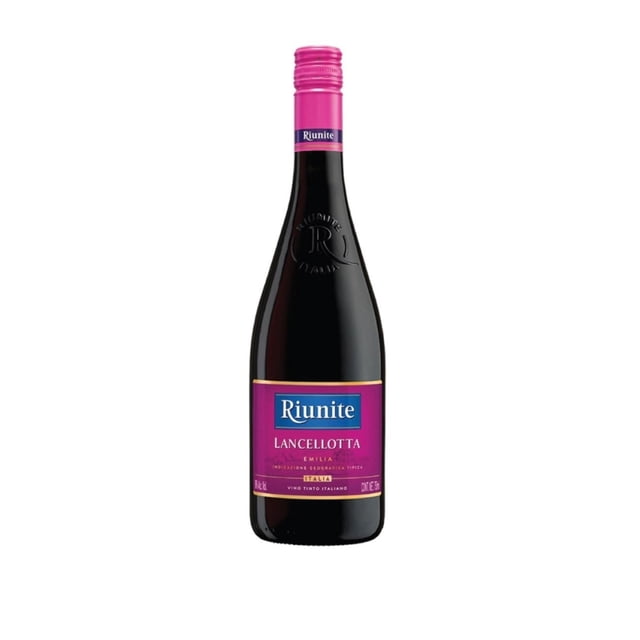 vino tinto riunite lancellota 750 ml botella frontal de 750 ml con cápsula y etiqueta fucsia; vino rojo rubí, vidrio oscuro con relieve del logo Riunite, etiqueta azul y fucsia con texto Lancellotta, fondo blanco neutro; ligero y equilibrado, apto para eventos y vacaciones.