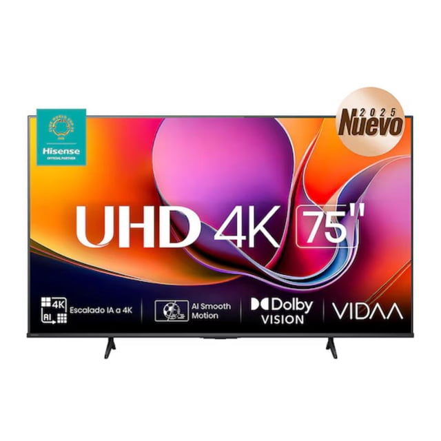 tv 75 pulgadas smart tv uhd 4k 75a65nv vidaa hisense frente completo de 75" con marco negro delgado y patas en V, pantalla muestra gráfico colorido con texto 'UHD 4K' y logos Vidaa y Dolby Vision; incluye inteligencia artificial y motion rate 120 Hz en especificaciones.