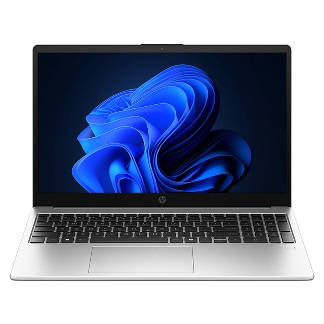 laptop hp 255r: ryzen 5 7520u, ram 16gb lpddr5, ssd de 512gb, pantalla de 15.6" led, video radeon graphics, s.o. windows 11 home. Vista frontal centrada de una laptop HP con acabado plateado y pantalla LED de 15.6" encendida; teclado con teclado numérico visible, panel táctil centrado y biseles delgados. Suele usarse como portátil de oficina y estudio.
