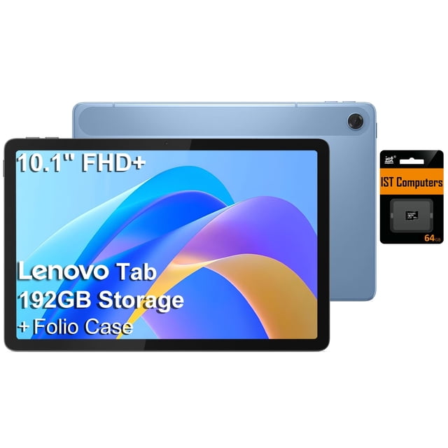 tablet lenovo tab m10 10.1" fhd+ 192gb android vista frontal y trasera de la tableta Android Lenovo Tab M10 10.1" FHD+ en azul claro, pantalla encendida con gráficos abstractos, cámara trasera circular en esquina superior derecha, marcos negros, botones laterales y funda folio con tarjeta microSD como accesorios.