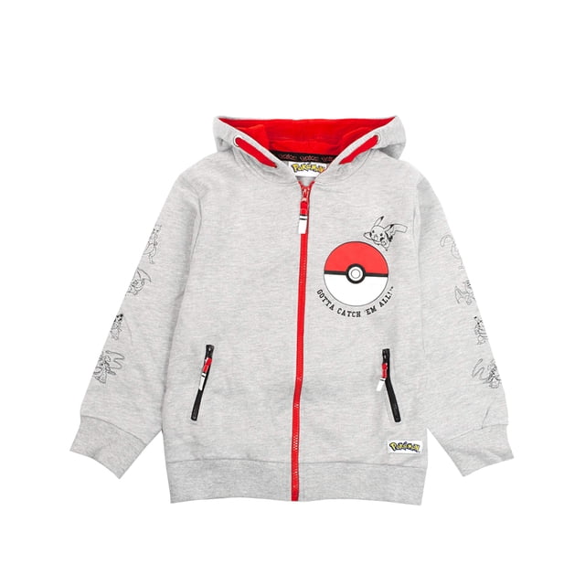 sudadera con capucha con cremallera para niños pokémon, gris, manga larga, 7-8 años sudadera gris jaspeada de vista frontal con cremallera roja centrada y capucha forrada en rojo; estampado grande de Pokéball y Pikachu en el pecho, cremalleras de bolsillo negras con detalle rojo y estampados de personajes en las mangas; puños acanalados y dobladillo recto sobre fondo blanco. También suele usarse como prenda ligera para capas en climas fríos.