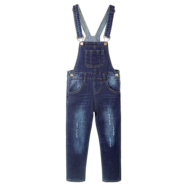 pantalones vaqueros ajustados y rotos para niña y niño,kidscool space, azul profundo, 4-5 años mono vaquero de frente con tirantes ajustables, peto con bolsillo grande, cintura con elástico interior, costuras visibles y efecto lavado con rotos en ambas piernas; a menudo usado como prenda casual para niños.