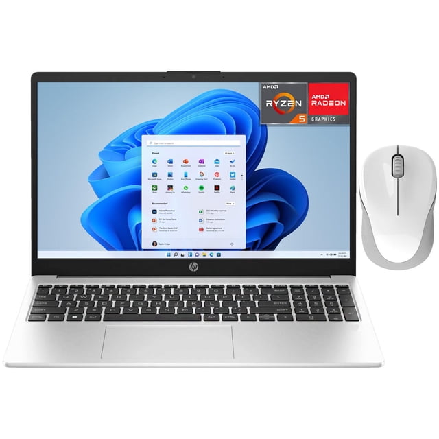 laptop hp 255 g10 amd ryzen 5 7530u 24gb ram 512gb ssd 15.6" windows 11 home teclado en español + mouse dxt plateado Vista frontal, laptop HP 255 G10 plateada con pantalla 15.6" Full HD mostrando Windows 11 Home en español; teclado completo en español y panel táctil grande; mouse DXT plateado a la derecha; stickers de Ryzen 5 y Radeon en el marco superior derecho. También suele usarse como equipo portátil para ofimática y multimedia.