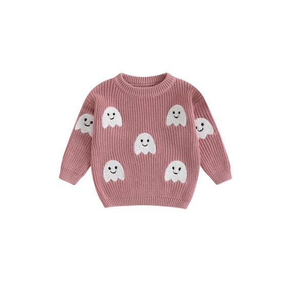 Suéter de punto de Halloween para niñas, manga larga, cuello redondo, bordado de fantasmas, jersey de punto