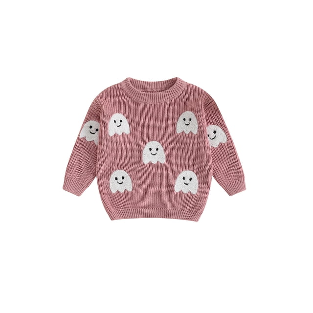 Suéter de punto de Halloween para niñas, manga larga, cuello redondo, bordado de fantasmas, jersey de punto
