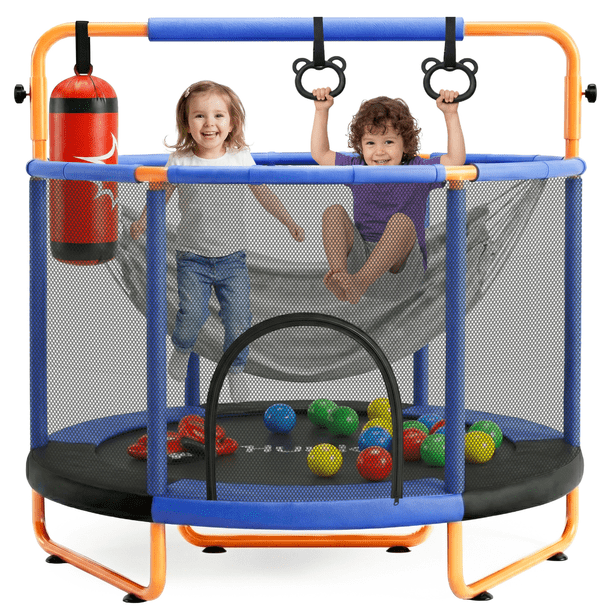 Trampolín Brincolín Infantil Hurtle, 140cm de Diamentro con Red de Seguridad, Barral de Altura Ajustable 157-168cm, Incluye Saco de Boxeo, Hamaca, Aros y 20 Pelotas, Soporta 55Kg, Interior y Exterior