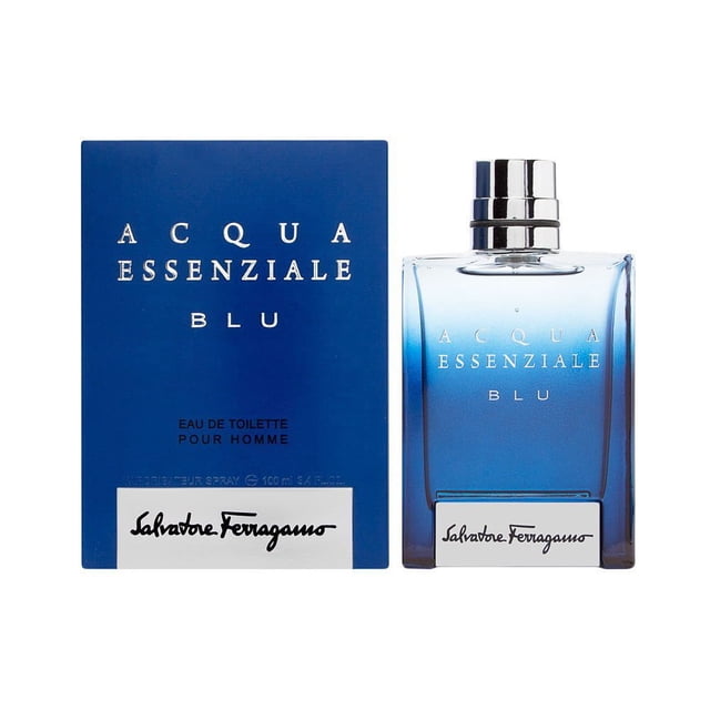 perfume salvatore ferragamo acqua essenziale blu eau de toilette 50 ml para hombre. Vista frontal de frasco rectangular de vidrio degradado azul con tapa plateada y placa blanca con logo, junto a su caja azul oscuro con texto ACQUA ESSENZIALE BLU; fragancia fougère inspirada en aromas marinos, 50 ml (1.7 oz).