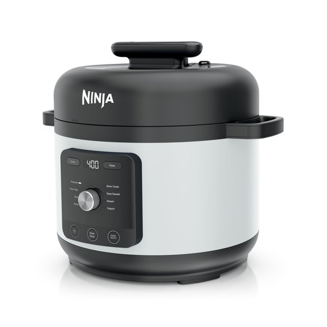 olla a presión ninja hyperheat 6.5l 9 en 1 1200w blanca pc201wh, vista frontal centrada de la olla eléctrica blanca con tapa negra y asas, panel de control digital negro con pantalla LCD y perilla; cuerpo cilíndrico de 6.5 cuartos sobre base negra y logotipo Ninja en la tapa. Funciones visibles incluyen cocinar a presión, cocción lenta, dorar/saltear y cocinar al vapor; a menudo usada también para servir directamente con la olla SimpliServe.