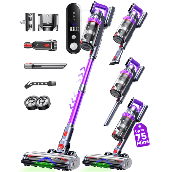 Aspiradora Inalámbrica, 55 kPa/75 Min de Funcionamiento con Modo Automático y 3 Velocidades, Aspiradoras Tipo Escoba Recargables con Pantalla Táctil para Pelo de Mascotas, Alfombra, Piso Duro