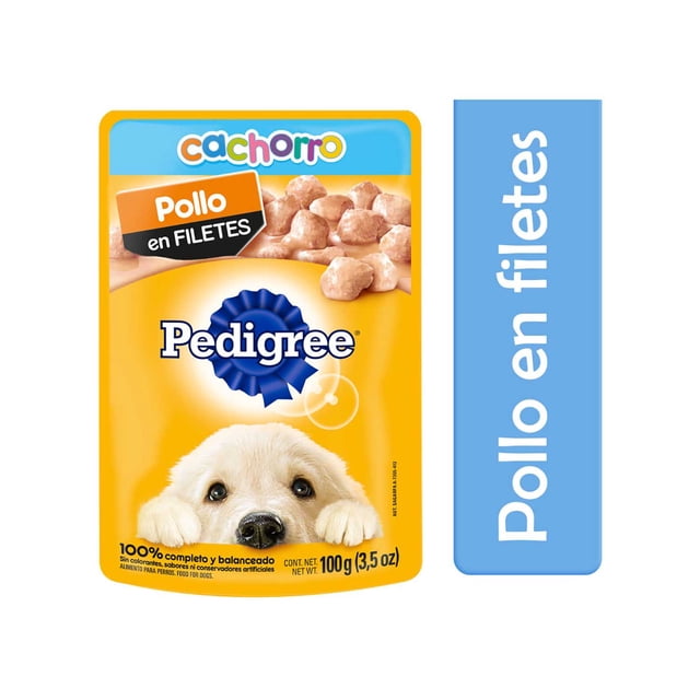 alimento humedo para cachorro pollo sobre pedigree pack 12 pedigree pollo Sobre frontal amarillo de Pedigree para cachorro con logo azul, etiqueta "Pollo en filetes", foto de trozos de pollo arriba y un cachorro en primer plano sobre fondo blanco.