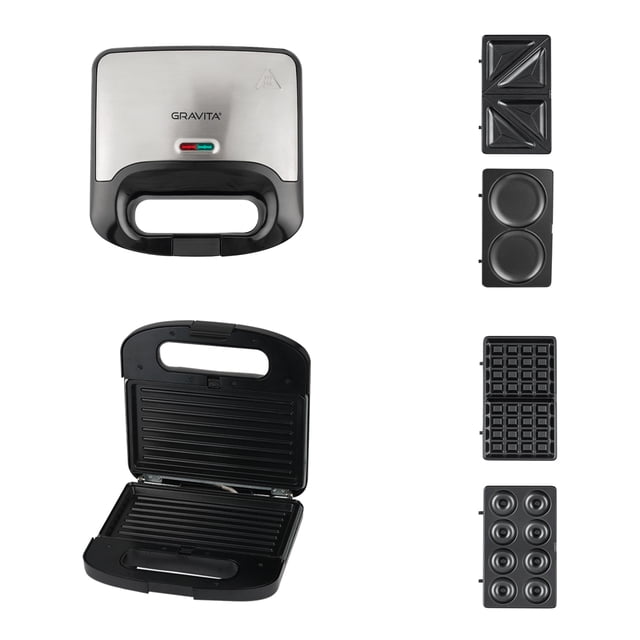 sandwichera electrica 5 en 1 antiadherente diferentes moldes marca gravita Vista cenital cerrada de la sandwichera Gravita en acero y negro con luces indicadoras roja y verde, asa termoaislante y pestillo de seguridad; unidad abierta mostrando placas acanaladas para panini y a la derecha los cinco moldes desmontables de metal antiadherente para sándwiches triangulares, hotcakes dobles, gofres y donas (seis cavidades).