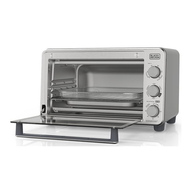 horno tostador black+decker 6 rebanadas 6 funciones automáticas 1500w Plata — Horno tostador y airfryer 23L en vista frontal con puerta abierta; interior metálico con rejilla tipo malla y bandeja incluidas; panel derecho con tres perillas giratorias (función, tiempo, temperatura) y logo BLACK+DECKER; capacidad hasta 6 rebanadas o pizza de 30 cm; suele usarse también como horno de sobremesa para recalentar y dorar alimentos.