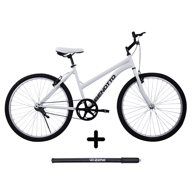 combo bicicleta benotto pmo r26 d 1v blanco con bomba de aire Bicicleta Benotto blanca, vista 3/4 frontal con cuadro diagonal rígido y logo Benotto en el tubo, rueda 26" single-speed, asiento y puños negros; bomba de aire manual negra Zefal colocada debajo, adecuada como bicicleta urbana.