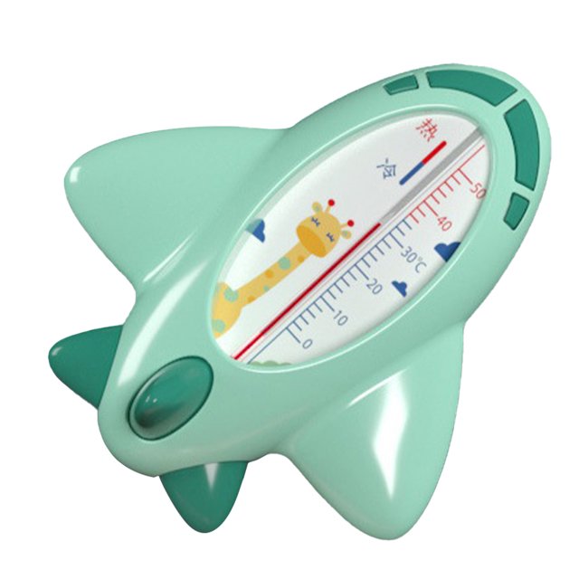 termómetro de temperatura del baño, termómetro de baño para bebés avión termómetro de agua para baño de bebés termómetro de baño para bebés funcionalidad de alta precisión avión verde menta, vista frontal centrada que muestra escala de 0–50 °C con columna de líquido e ilustración de jirafa en la ventana; carcasa de PP con ventana de vidrio, tamaño aprox. 11 x 10 cm, también adecuado como termómetro ambiental para spas, jacuzzis y acuarios.
