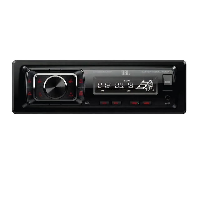 autoestéreo jbl celebrity 150 bt 200w usb bluetooth en negro, vista frontal 1 DIN con pantalla LCD a la derecha, control giratorio grande y botones iluminados a la izquierda, puerto USB y entrada AUX visibles, carátula desmontable; apto para instalación 1 DIN en autos.