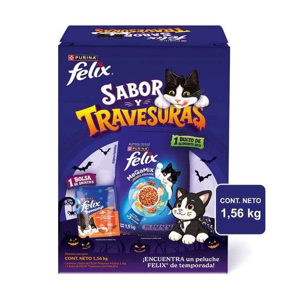 Alimento seco para gato Purina Felix Sabor y Travesuras 1.5 kg + Bocados Feliz Travesuras con Pollo 60 g + 1 peluche de temporada