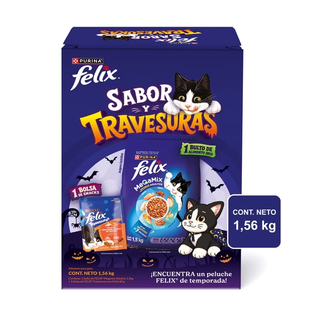 Alimento seco para gato Purina Felix Sabor y Travesuras 1.5 kg + Bocados Feliz Travesuras con Pollo 60 g + 1 peluche de temporada