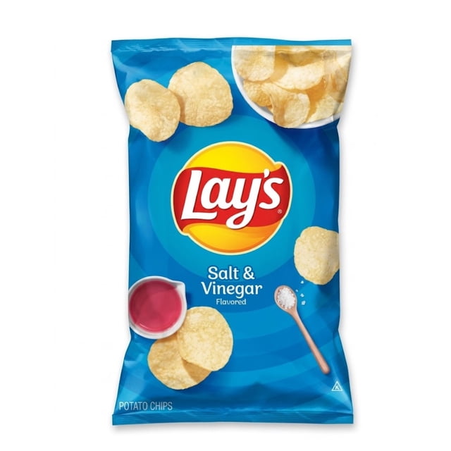 papas fritas lays sabor a sal y vinagre 184.2 g Bolsa frontal azul con logo Lay's centrado; paquete de 184.2 g que muestra láminas ultra delgadas y crujientes, cucharita con sal visible y pequeño recipiente con vinagre, diseño que indica listo para comer; suele usarse como botana en reuniones informales.