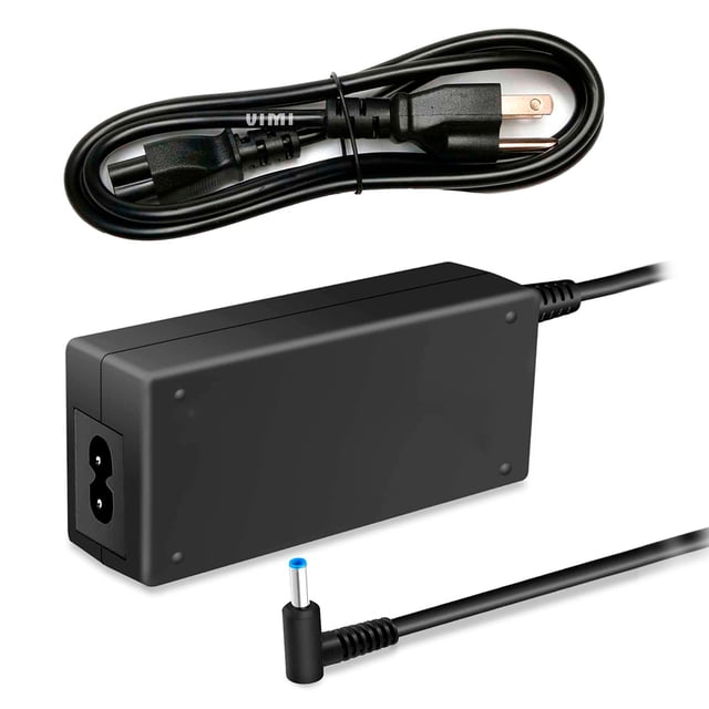 cargador para laptop vimi compatible para hp 19.5v a 3.33a punta azul, adaptador rectangular negro con cable de salida y conector de punta azul en ángulo de 90°, cable de alimentación desmontable tipo NEMA incluido, especificaciones 19.5V 3.33A 65W; suele usarse como cargador de reemplazo para modelos HP compatibles.