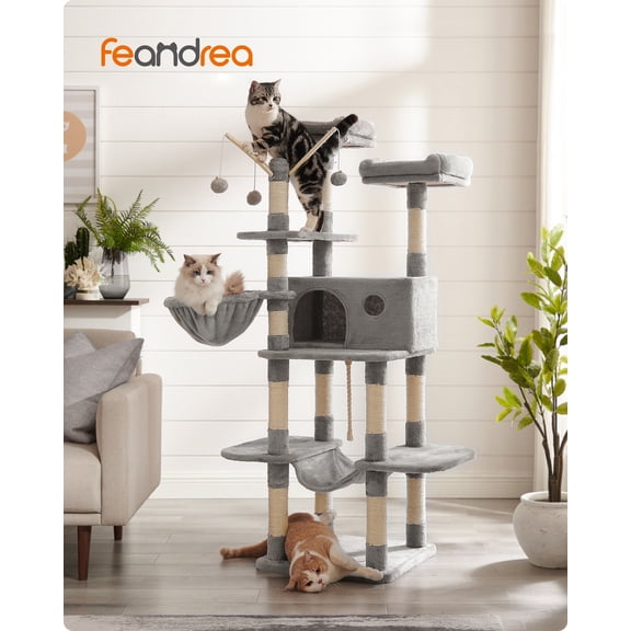 Feandrea Árbol para Gatos, Torre Grande para Gatos, 164 cm, con Hamaca, Condominio para Gatos, Gris Claro