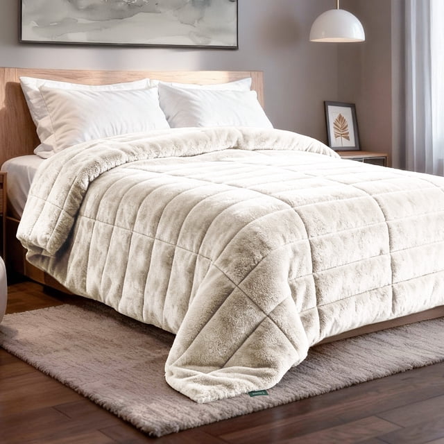 cobertor afelpado dreamlab, colcha suave polar con microfibras, cálida y transpirable para invierno, hipoalergénico, tamaño queen, marfil — vista 3/4 de cama queen con colcha acolchada en cuadros color marfil, textura polar ultrasuave y borde tipo sherpa visible en el volteo, relleno de microfibras que aporta abrigo sin exceso de peso; dormitorio moderno con cabecera de madera y almohadas blancas; adecuada también como cobija de descanso ligera para viajes.