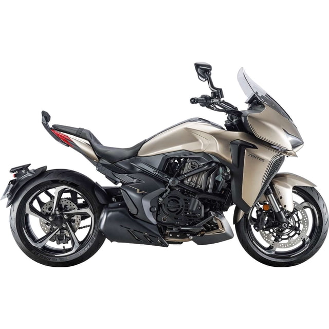 motocicleta crusero zontes vx 350 dorado 2025 lateral derecha, carenado dorado con parabrisas; tanque curvo y asiento biplaza de gel; rines de aluminio sin cámara, frenos de disco con ABS en ambas ruedas, suspensión invertida y refrigeración líquida visibles; tablero TFT, puerto USB 2A y emblema ZONTES. También suele usarse para turismo ligero urbano.