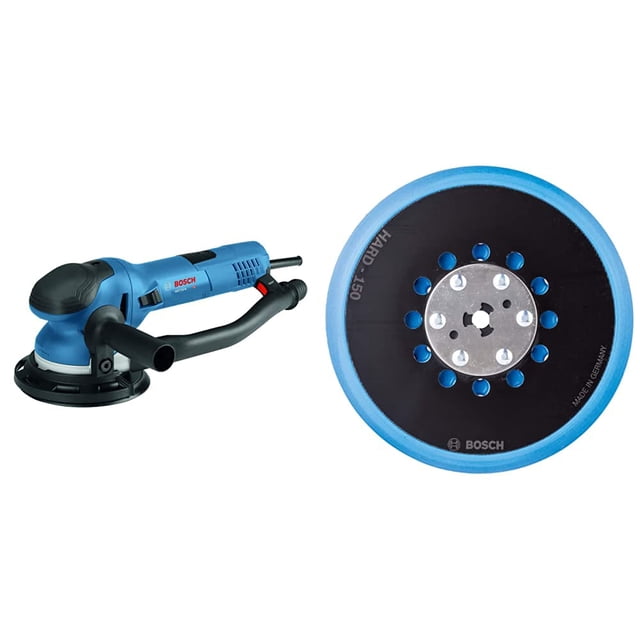lijadora orbital eléctrica bosch get75-6n 7.5a 6 discos vista 3/4 del cuerpo y plano del plato de 6"; lijadora azul Bosch con empuñadura auxiliar negra, gatillo, cable y ventilaciones; plato multiagujeros de velcro duro con borde azul compatible con discos abrasivos; también suele emplearse para decapar piezas pequeñas antes de repintar.
