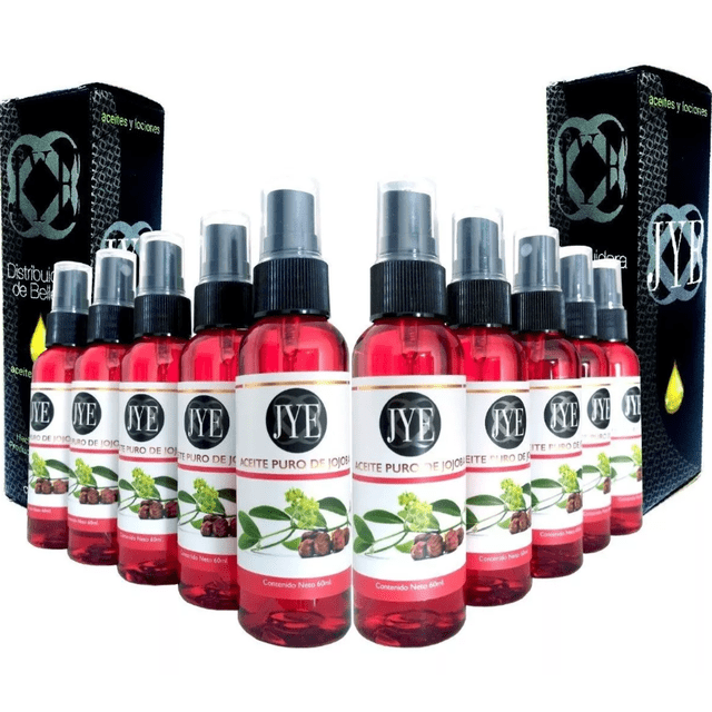 10 frascos de aceite de jojoba puro y natural 600ml total Vista frontal 3/4 con 10 frascos alineados; cada frasco de 60 ml con líquido ámbar, etiqueta blanca con logo JYE y dibujo de semillas de jojoba, tapa negra con atomizador; dos cajas negras de embalaje al fondo. Indicado para piel y cabello; también se suele usar para masajes y cuidado corporal ligero.