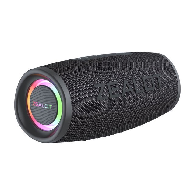 altavoz zealot bocina inálambrico bluetooth s56 40w ip67 batería 8000 mah altavoz portátil cilíndrico negro, vista 3/4 frontal; rejilla texturizada con logo ZEALOT en relieve, radiador pasivo circular con anillo LED multicolor, botones en la parte superior y puerto USB-C de carga. Compatible con Bluetooth 5.2, salida 40W y batería de 8000 mAh con reproducción aprox. 4 horas; a menudo se usa como bocina portátil para viajes o reuniones.