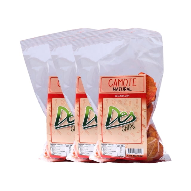 300 gr de chips botana de vegetales horneados deshidratados, libres de glúten, veganas x 3 bolsas de 100 gr cada una - sabor camote natural, vista frontal de tres bolsas transparentes alineadas con etiqueta beige y logo "Des Chips", rodajas de camote naranja visibles; ideal como snack para llevar a la oficina, escuela o en la mochila. También apto para usar como ingrediente en ensaladas o taquitos botaneros.