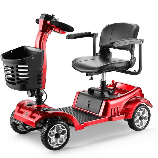 scooter eléctrico para adultos mayores honey whale mz-023 en color rojo, vista frontal 3/4 con manillar vertical, canasta frontal negra y asiento acolchado giratorio con reposabrazos; chasis de aluminio sólido, plataforma antideslizante, cuatro ruedas, velocidad 8 km/h y autonomía 20 km; incluye cargador y herramientas; también suele usarse para desplazamientos cortos en interiores o centros comerciales.