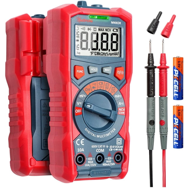 astroai multímetro digital 4000 cuentas, rango automático, comprobador rojo con funda de silicona; vista frontal centrada del medidor True RMS con pantalla LCD retroiluminada, dial giratorio para mV/V/Ω/A, botones HOLD y MAX, indicador NCV y bornes COM/10A/VΩ en la base; sondas roja y negra con puntas intercambiables y dos pilas AAA incluidas; a menudo usado para pruebas automotrices y proyectos de bricolaje.