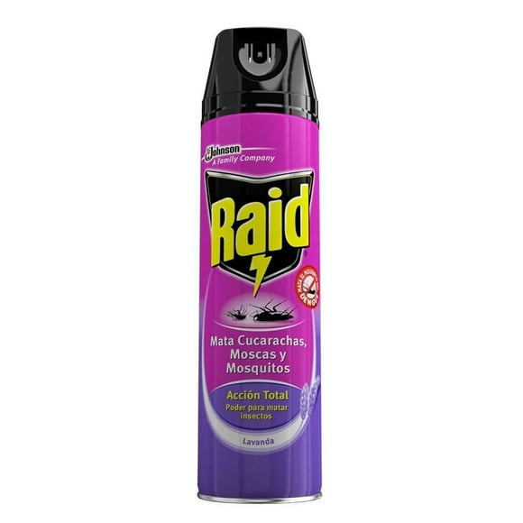 Insecticida en Aerosol Raid Acción Total Mata Cucarachas, Moscas y Mosquitos Esencia Lavanda 400mL