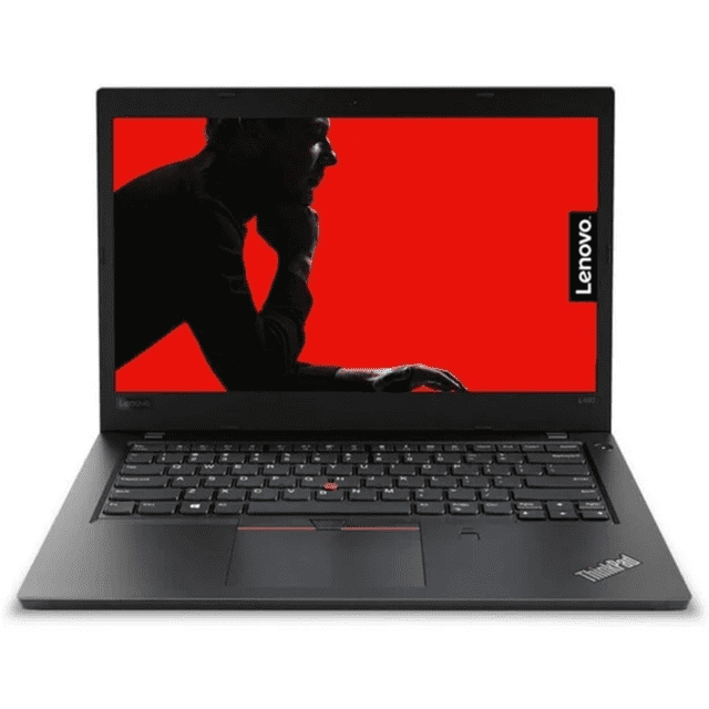 laptop lenovo thinkpad l480 reacondicionada — vista frontal centrada de 14" FHD gris con teclado completo y TrackPoint rojo, panel táctil y logo Lenovo visible; Intel Core i5 8ª gen, 8GB RAM y 256GB SSD, diseño empresarial resistente ideal para oficina, home office y estudiantes.