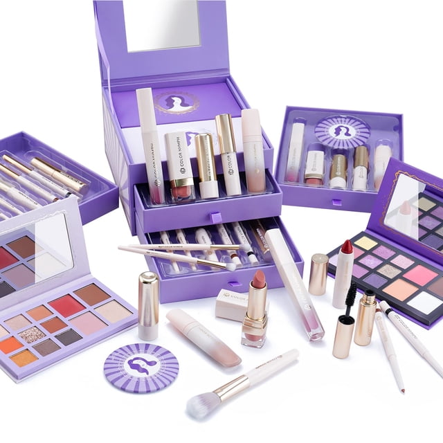 set de maquillaje color nymph para adolescentes con exquisita caja morada caja morada apilable con espejo y tres compartimentos que contienen paletas de sombras mate y brillantes en tonos rosa, morado y neutros, labiales nude y rojo, gloss, rubores en polvo, brocha y lápices de ojos; estuche de tren portátil ideal como regalo para niñas y también apto para guardar joyas o accesorios.