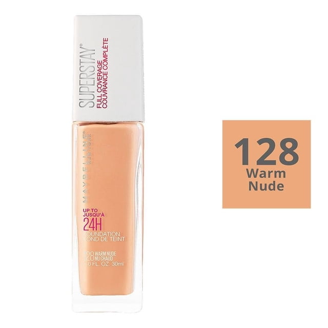 base de maquillaje maybelline super stay full coverage 128 warm nude 30 ml frasco rectangular de vidrio con tapa blanca y dosificador; tono 128 Warm Nude en recuadro, fórmula de larga duración hasta 24H, acabado súper mate y apta para piel mixta a grasa; a su tamaño práctico lo hace adecuado para retoques en el bolso.