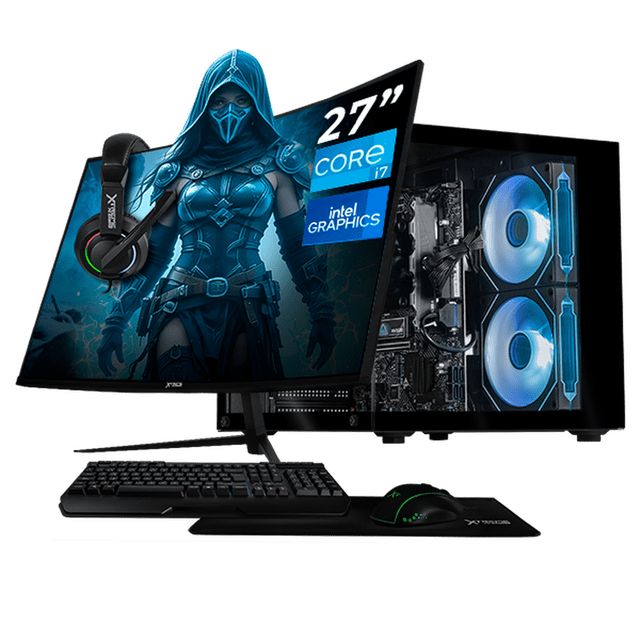 computadora escritorio completa xtreme pc gaming intel core i7 12700 16gb ssd 1tb monitor curvo 27 100hz wifi black juegos casuales, trabajo y estudio equipo negro con torre con panel lateral transparente que muestra ventiladores ARGB azules y componentes internos, monitor curvo 27" frontal con gráfico de juego, teclado, mouse, mousepad y diadema incluidos; diseñada para multitarea ligera y juegos casuales, ideal para oficina, estudio y emulación en 720p–1080p.